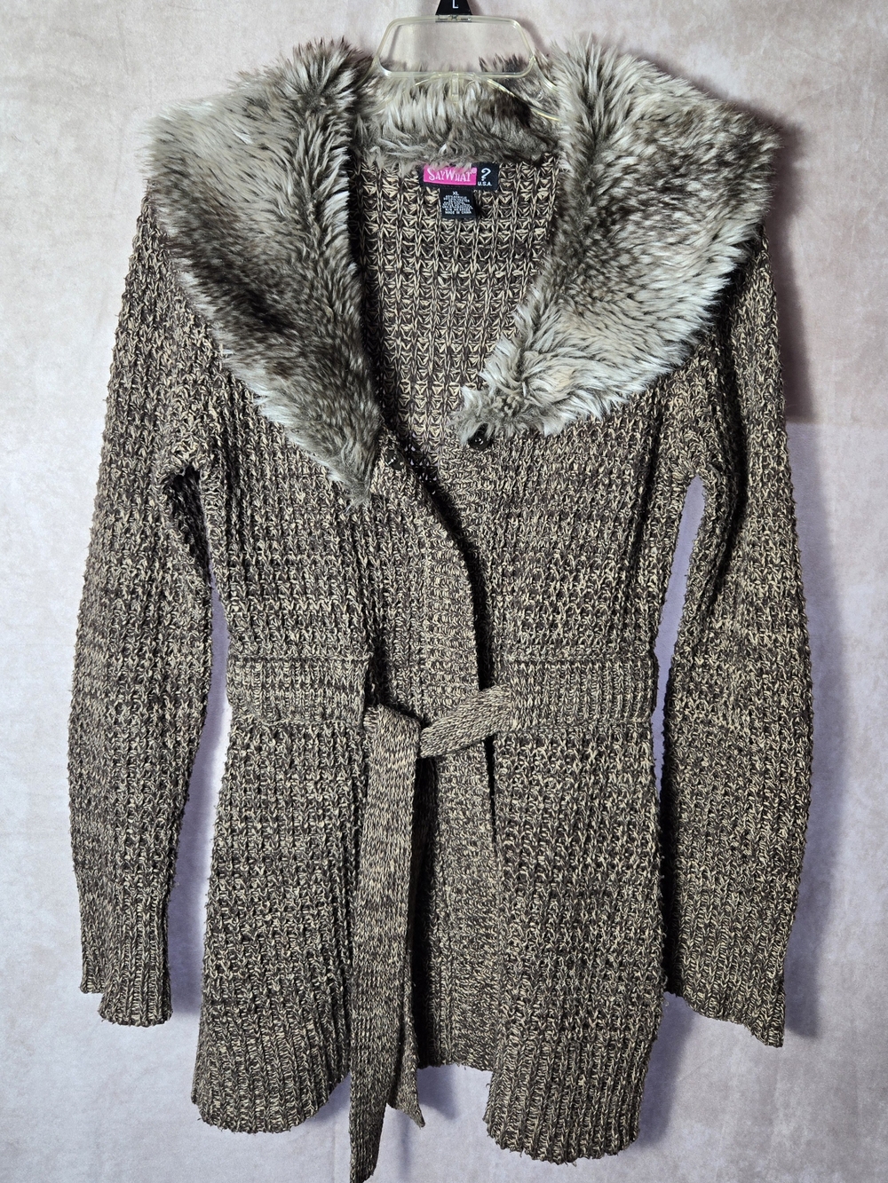 Say What? Brown Knit Belted Cardigan with Faux Fur Collar Juniors Sz XL